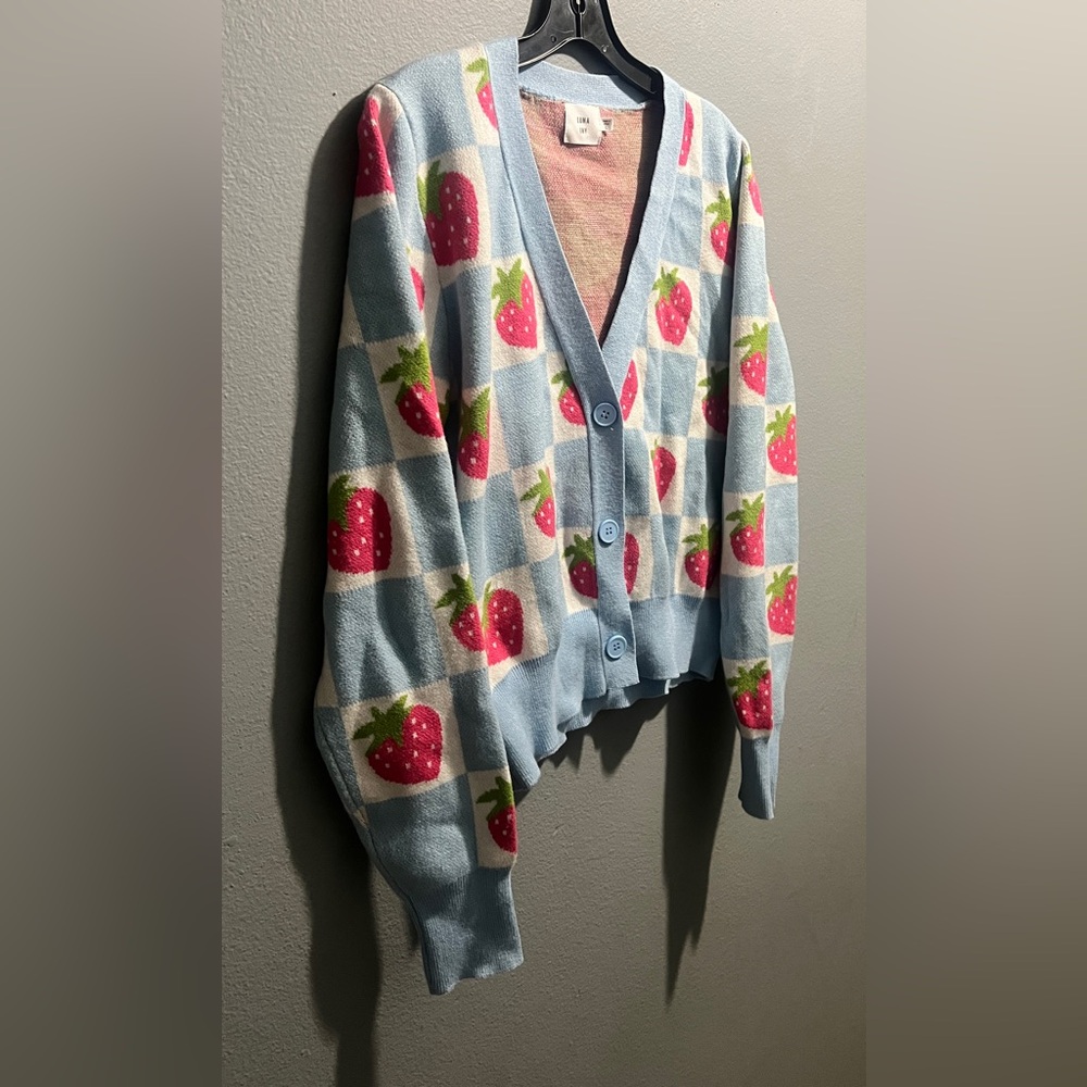 Chic Strawberry Patterned Light Blue Sweater - image 4